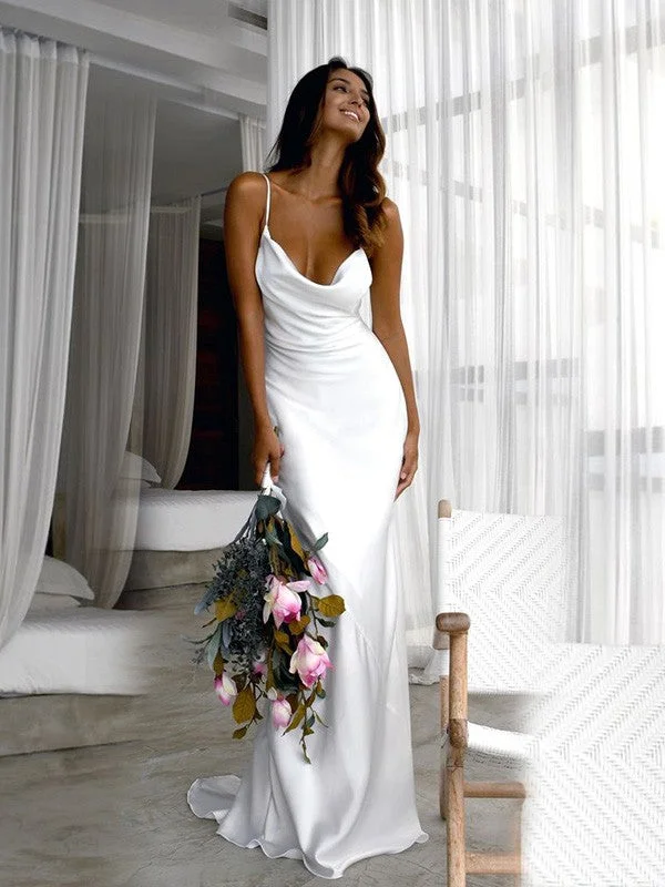 Sheath/Column NS Elastic Woven Satin Ruched Spaghetti Straps Sweep/Brush Train Sleeveless Wedding Dresses