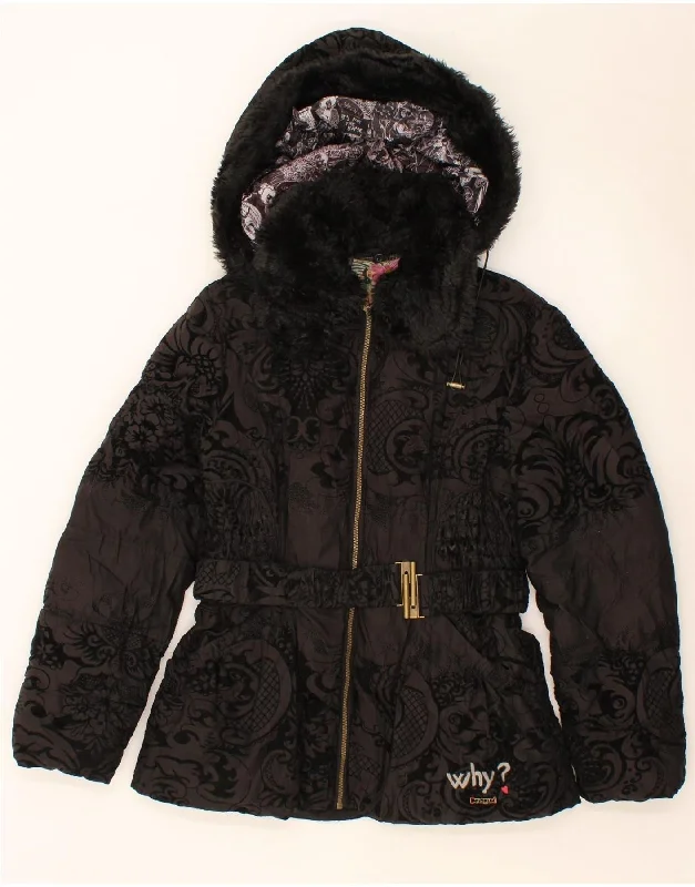 DESIGUAL Womens Hooded Padded Jacket EU 44 XL Black Paisley Polyester