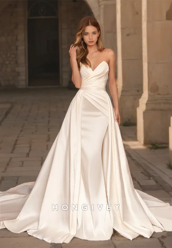 Sexy Satin A-Line Sweetheart Sleeveless  Empire Ruched With Overskirt Train Wedding Dress