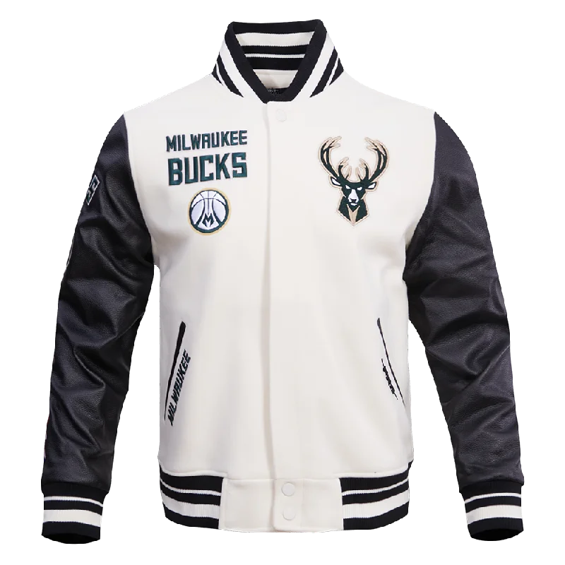 NBA MILWAUKEE BUCKS RETRO CLASSIC MEN'S RIB WOOL VARSITY JACKET (EGGSHELL/BLACK)