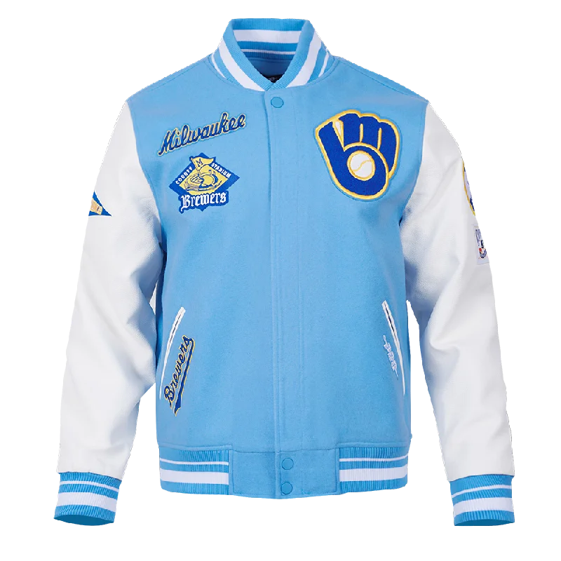 MLB MILWAUKEE BREWERS RETRO CLASSIC MEN'S RIB WOOL VARSITY JACKET (UNIVERSITY BLUE/WHITE)