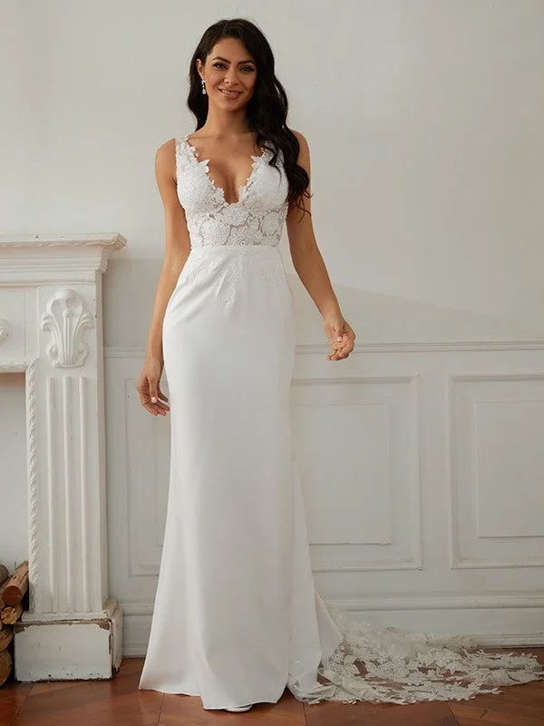 Sheath/Column Stretch Crepe Lace V-neck Sleeveless Sweep/Brush Train Wedding Dresses