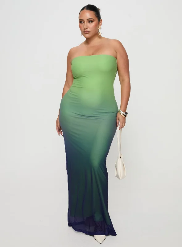 Stolen Love Strapless Maxi Dress Blue / Green Ombre Curve