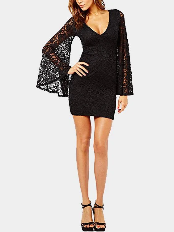 Wholesale Long Sleeve Lace Flare Sleeve Sexy V-Neck Mini Dresses