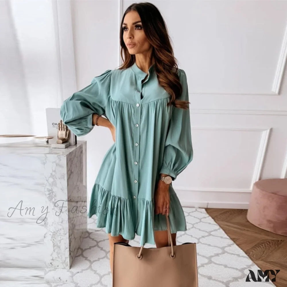 Amy Fashion - Long Sleeve Stand Collar Solid Elegant Dress