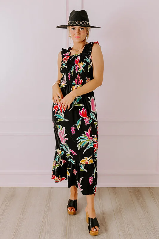 Happy Blooms Smocked Midi in Black