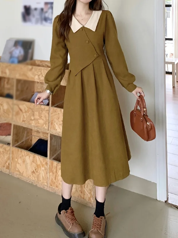 Sixsr Contrast Trim Button Decor Dress, Elegant Long Sleeve Dress For Spring & Fall, Women's Clothing