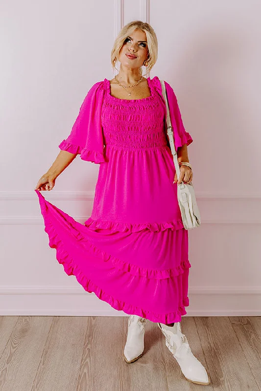 Toes In The Sand Smocked Midi in Hot Pink Curves