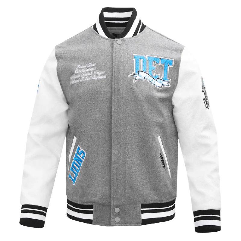 NFL DETROIT LIONS TEAM PENNANTS MEN'S RIB WOOL VARSITY JACKET (HEATHER GREY/WHITE/BLACK)