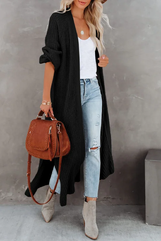 Beige Cable Knit Side Slits Open Front Duster Cardigan