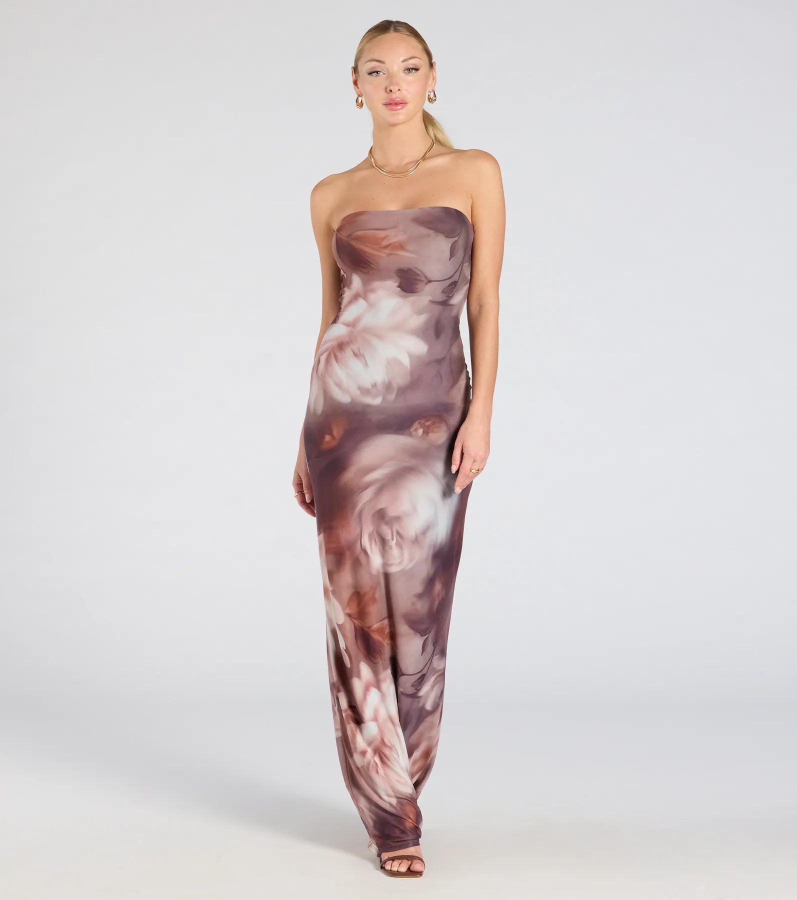 Make Your Debut Strapless Abstract Mesh Maxi Dress