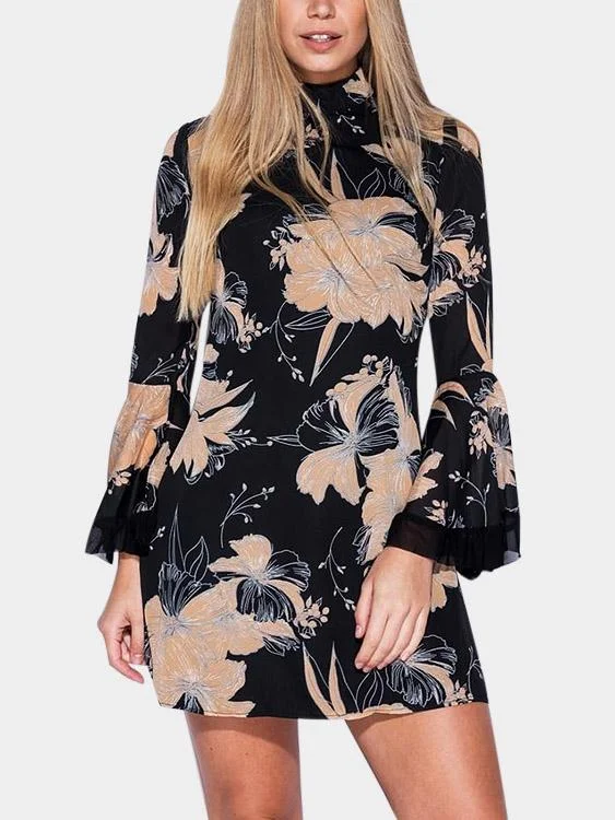 Wholesale Black Perkins Collar Long Sleeve Floral Print Tiered Curved Hem Mini Dress