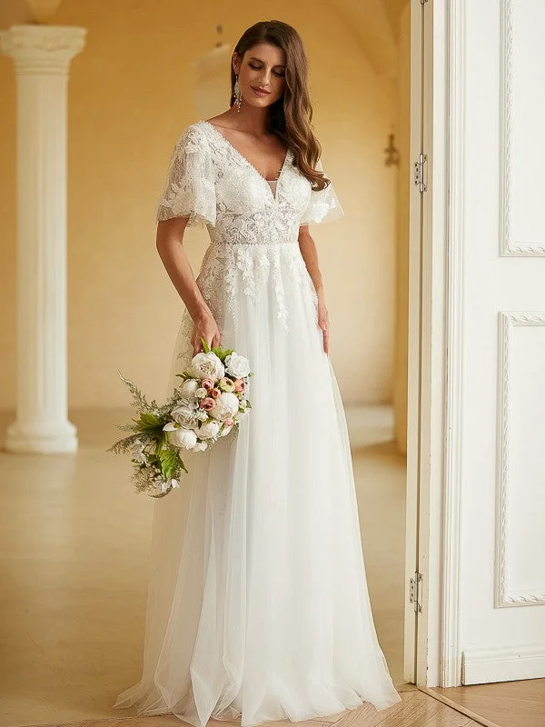 A-Line/Princess Tulle Lace V-neck Short Sleeves Floor-Length Wedding Dresses