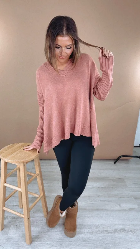 Cozy Up Ribbed Oversized V Neck Sweater, Mauve