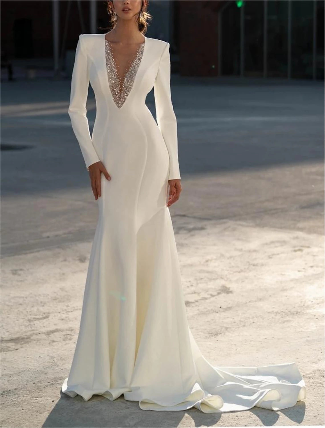 DingJiDress Formal Wedding Dresses Mermaid / Trumpet V Neck Long Sleeve Sweep / Brush Train Chiffon Bridal Gowns With Beading