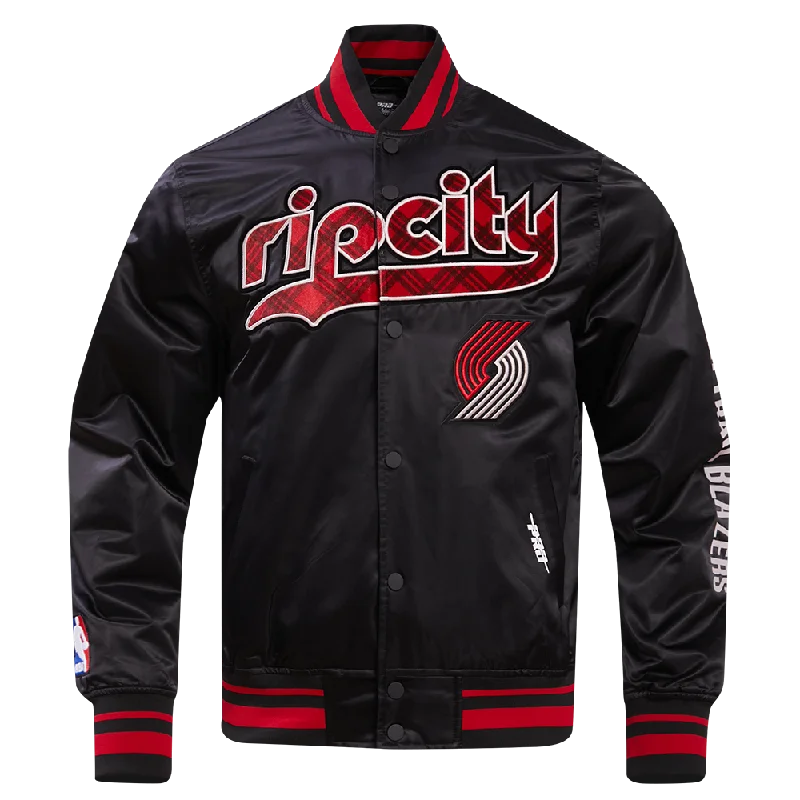 NBA PORTLAND TRAIL BLAZERS MEN'S CHEST RIB SATIN JACKET (BLACK/RED/BLACK)