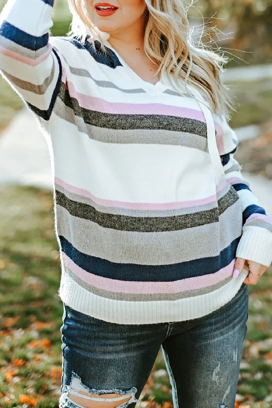 Plus Size Striped Long Sleeve Hooded Sweater