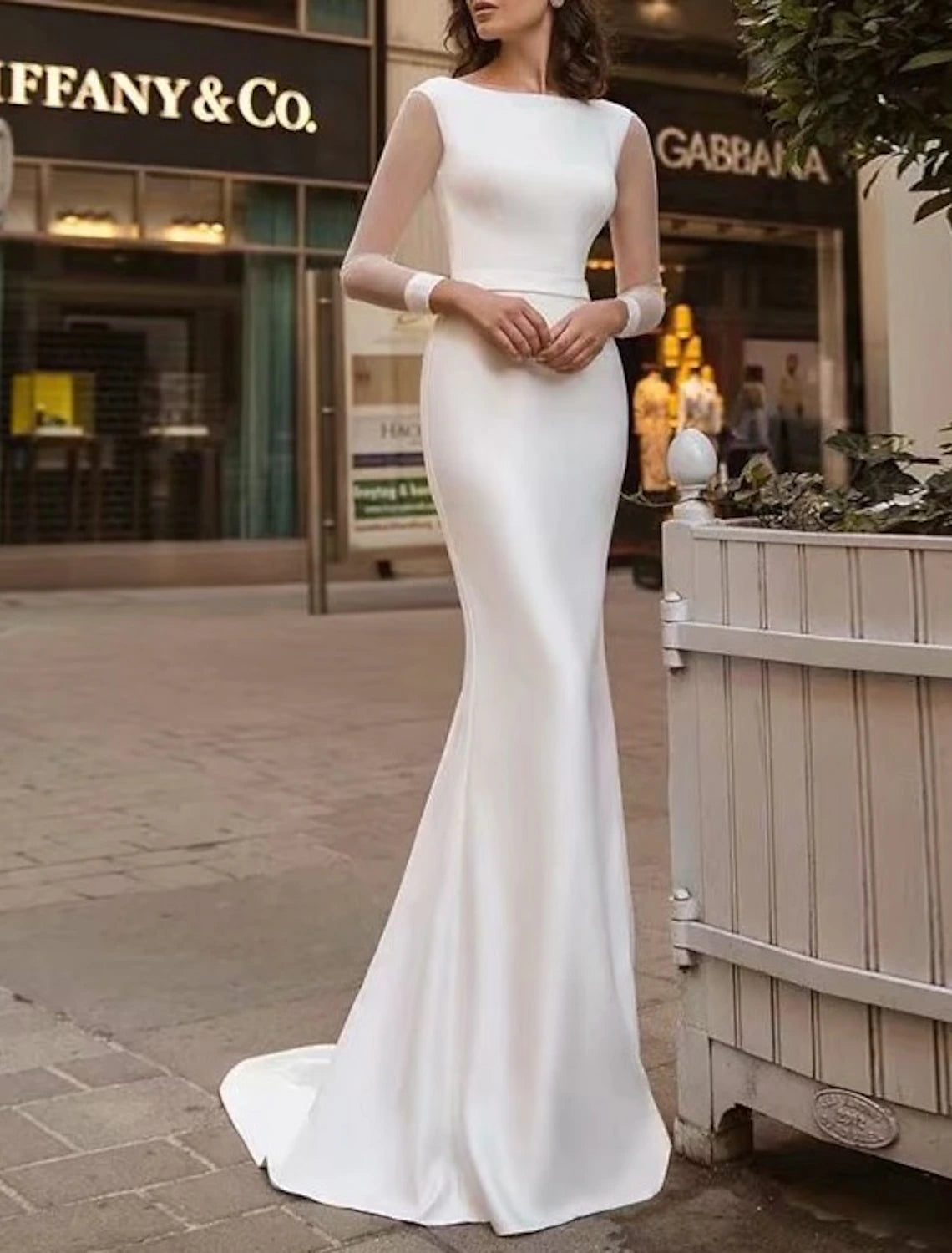 DingJiDress Reception Royal Style Simple Wedding Dresses Mermaid / Trumpet Scoop Neck Long Sleeve Sweep / Brush Train Satin Bridal Gowns With Solid Color Summer Wedding Party dress to impress Fall Wedding