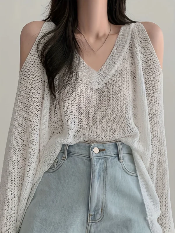 Sixsr Solid V Neck Thin Pullover Sweater, Casual Cold Shoulder Long Sleeve Loose Sweater, Women's Clothing