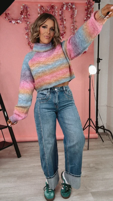 Ombre Cropped Sweater, Dark Rainbow