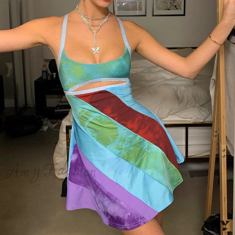 Amy Fashion - Sexy Cutout Colorful Y2K Mini Dress