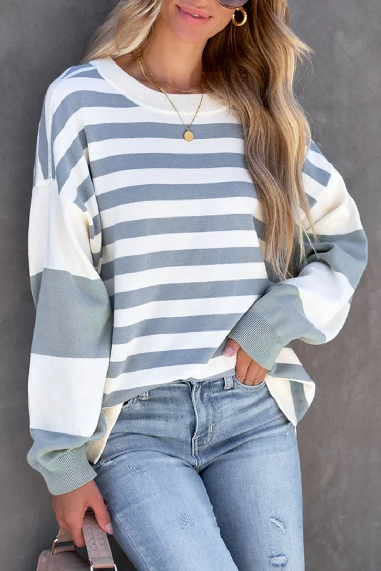 Blue Striped Casual Drop Shoulder Pullover Sweatshirt