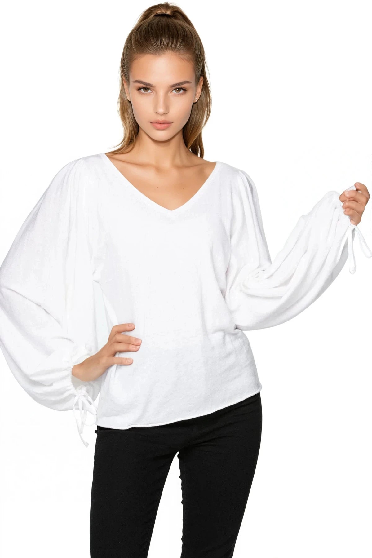 Celina Drawstring Sleeve Sweater V Neck Pullover