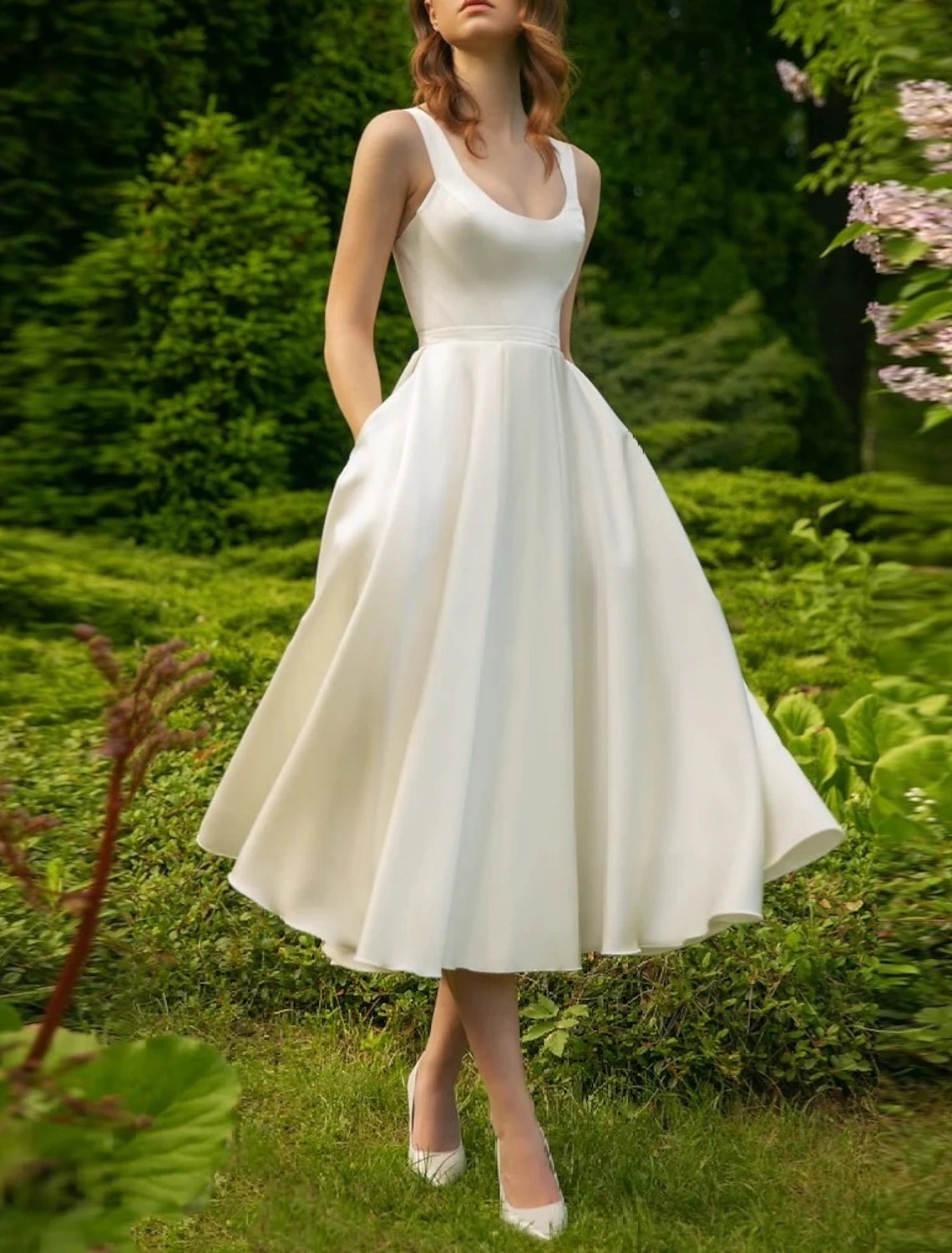 DingJiDress Hall Little White Dresses Wedding Dresses A-Line Scoop Neck Sleeveless Tea Length Satin Bridal Gowns With Pleats