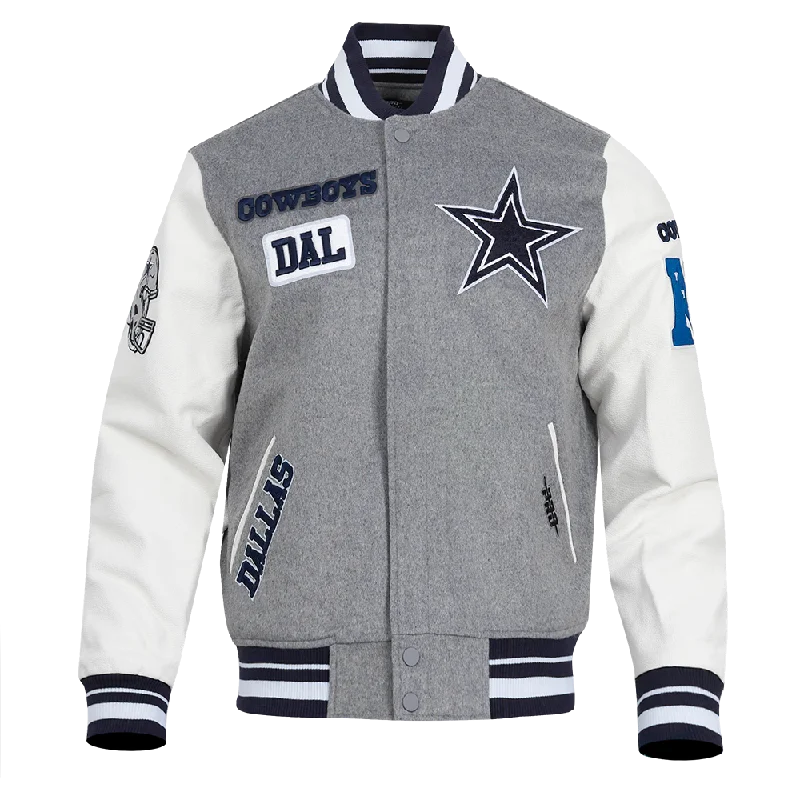 NFL DALLAS COWBOYS AREA CODE MEN'S RIB WOOL VARSITY JACKET (HEATHER GREY/WHITE/MIDNIGHT NAVY)