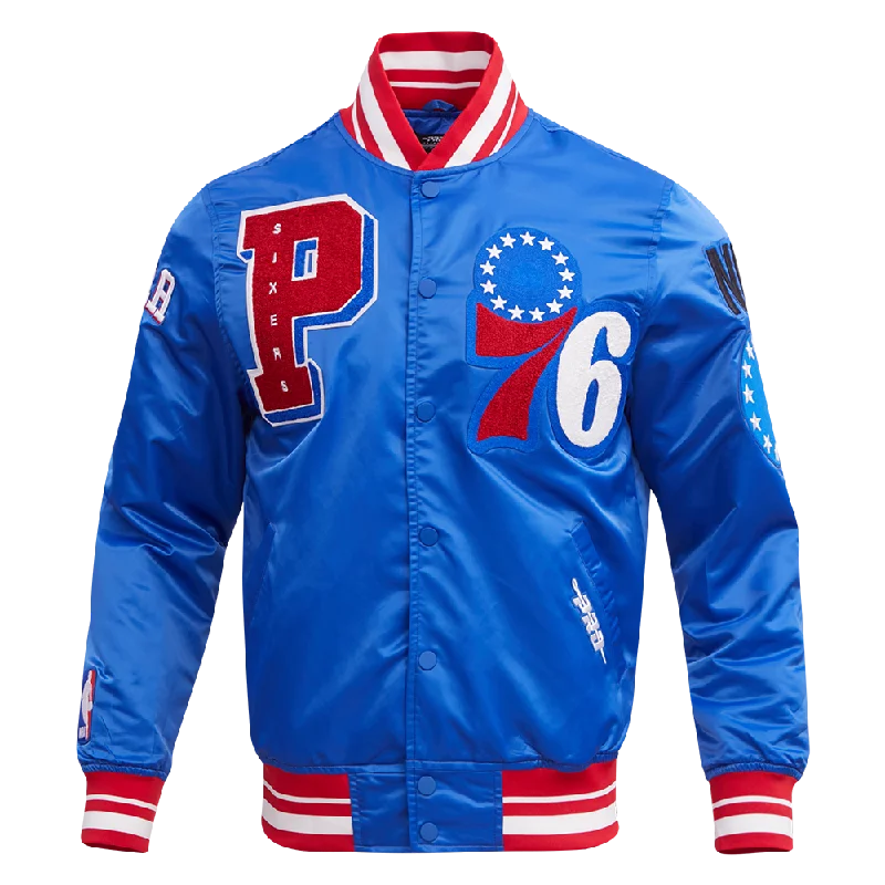 NBA PHILADELPHIA 76ERS MASHUP MEN'S RIB SATIN JACKET (ROYAL BLUE/RED)