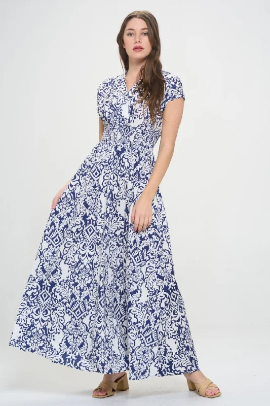 RENEE C Printed Smocked Waist Maxi Dress