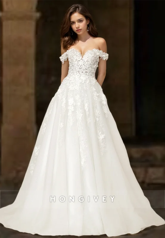 Sexy Tulle A-Line Sweetheart Off-Shoulder Empire Floral Appliqued With Train Wedding Dress