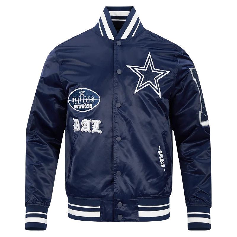 NFL DALLAS COWBOYS OLD ENGLISH MEN'S RIB SATIN JACKET (MIDNIGHT NAVY)